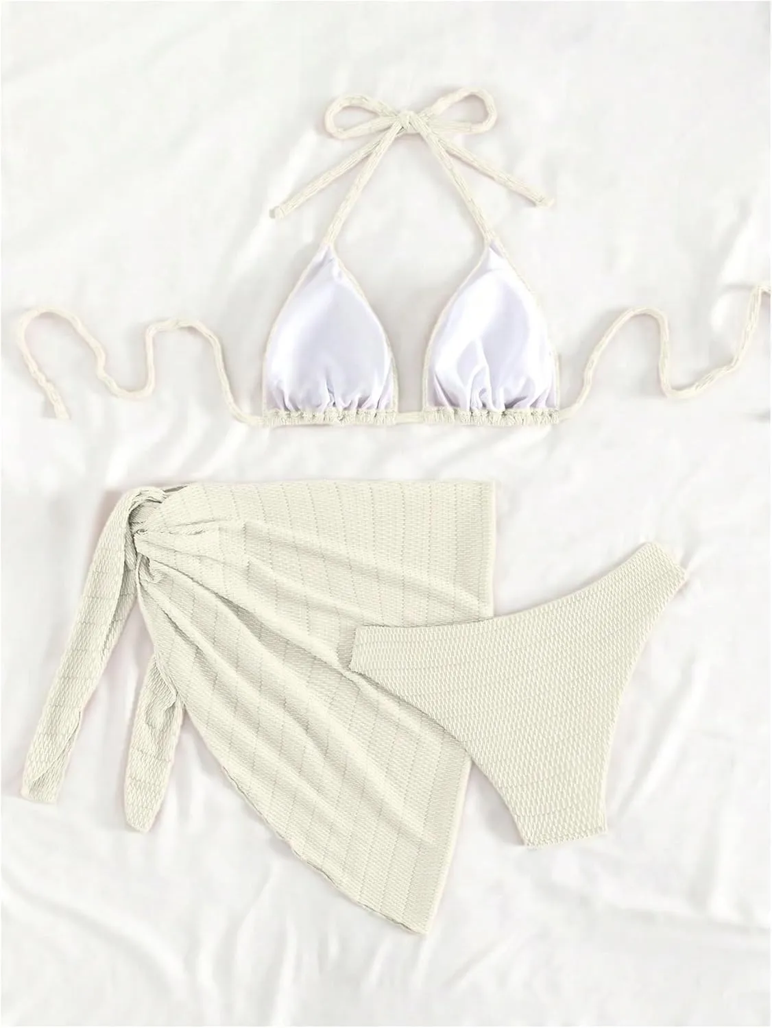 SHENHE Women's 3 Piece Textured High Cut Halter Triangle Bikini Swimsuit with Cover Up