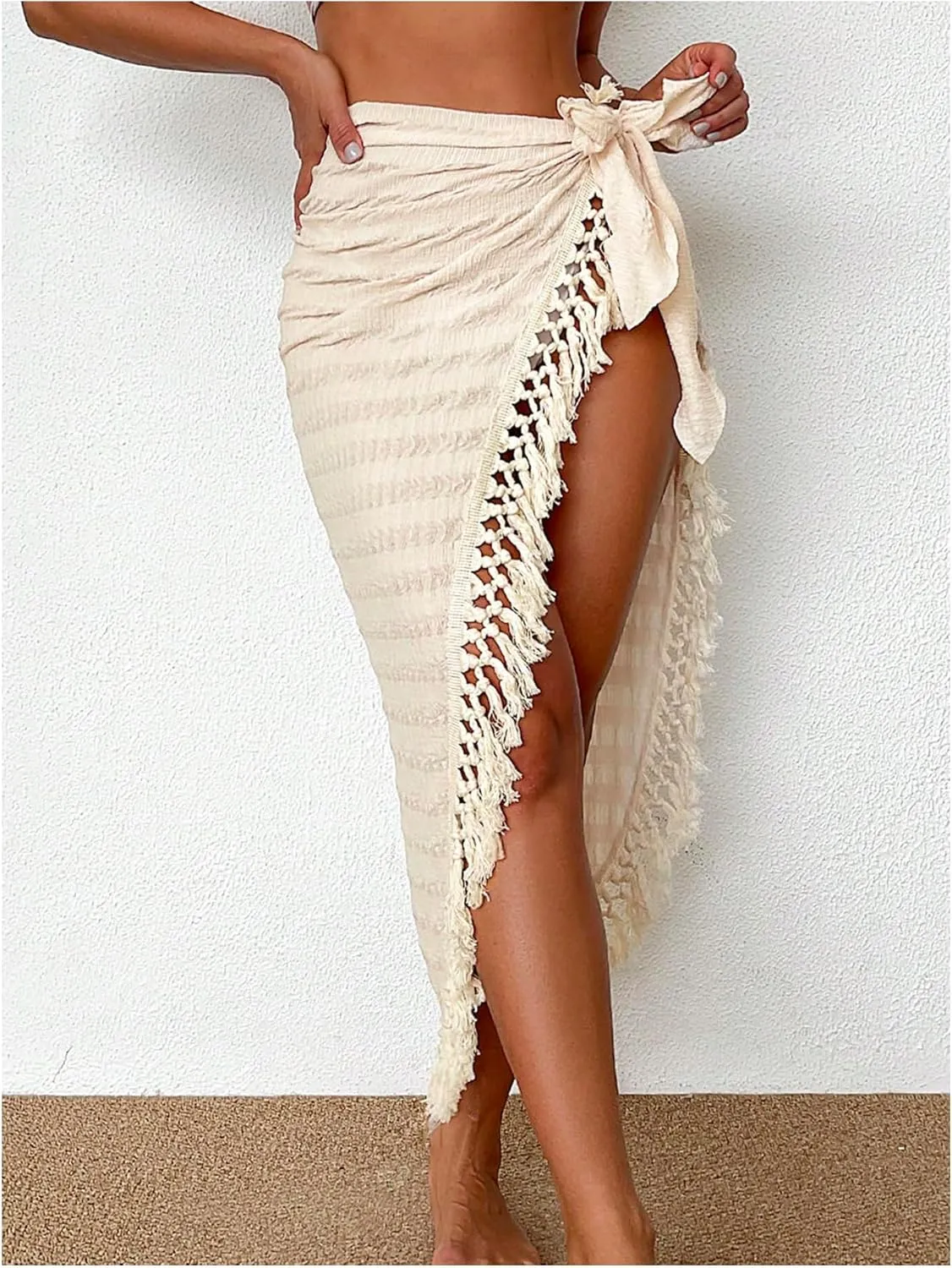 SHENHE Women's Fringe Sarong Coverups Textured Slit Front Tassels Swimsuit Wrap Cover Up Skirt