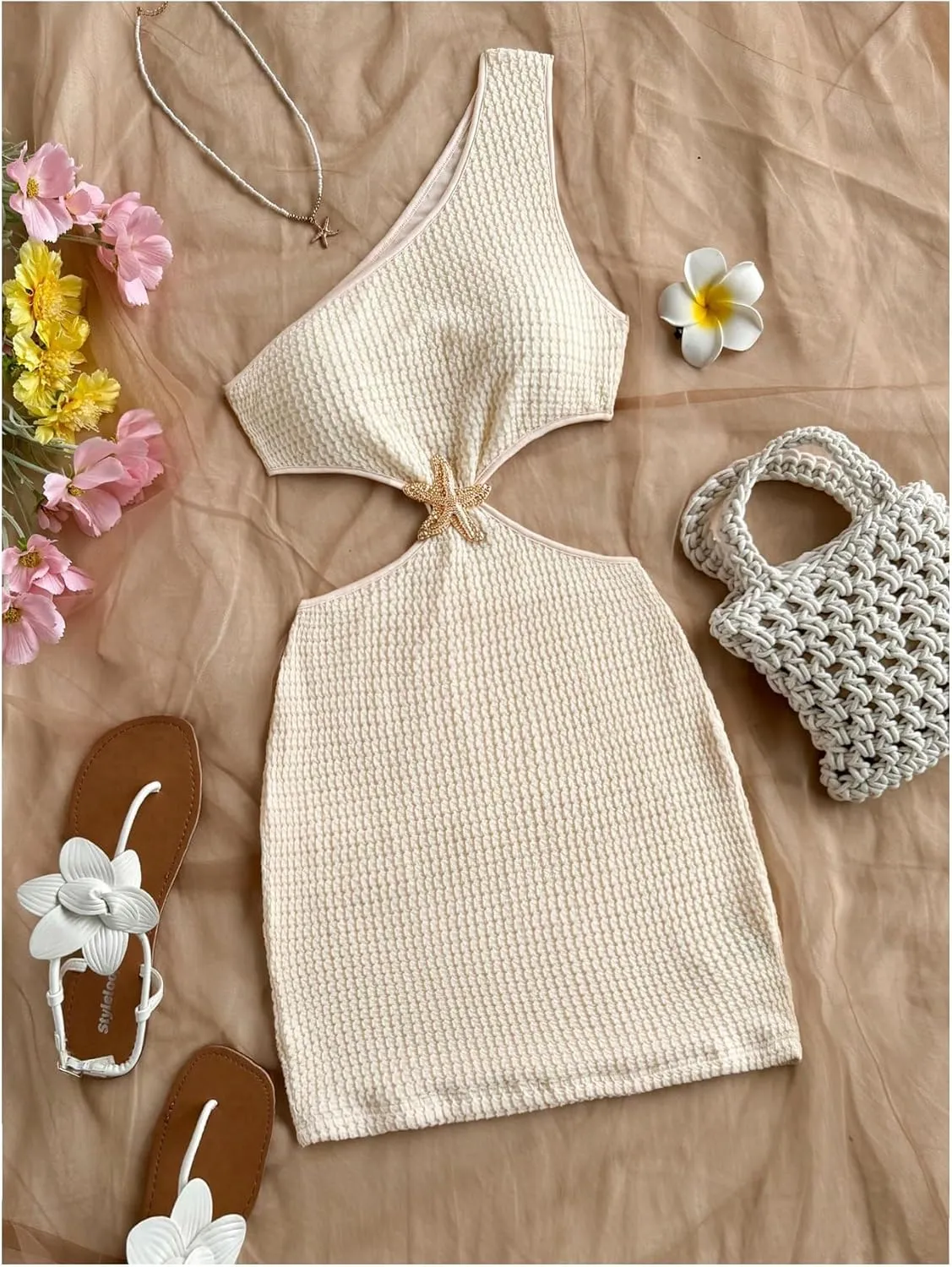 SHENHE Women's One Shoulder Cut Out Sleeveless Starfish Metal Textured Bodycon Summer Boho Mini Dress