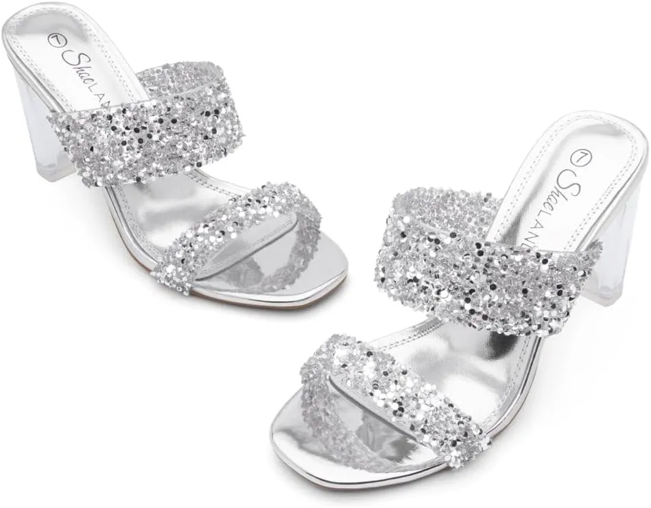 Shoe Land Brienna Women's Clear Heels Chunky Block Heeled Slides Open Toe Two Band Slip-On Mules – Dressy Heeled Sandals for Prom, Wedding, and Party