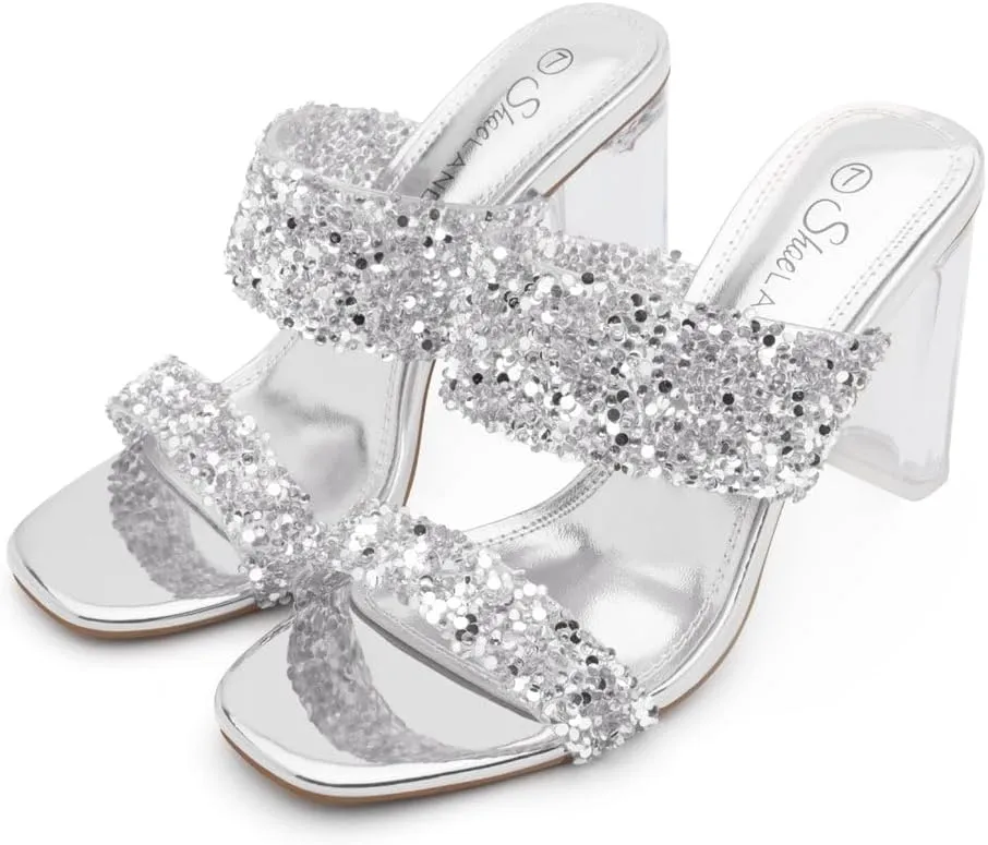 Shoe Land Brienna Women's Clear Heels Chunky Block Heeled Slides Open Toe Two Band Slip-On Mules – Dressy Heeled Sandals for Prom, Wedding, and Party