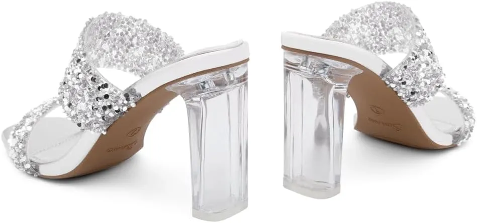 Shoe Land Brienna Women's Clear Heels Chunky Block Heeled Slides Open Toe Two Band Slip-On Mules – Dressy Heeled Sandals for Prom, Wedding, and Party