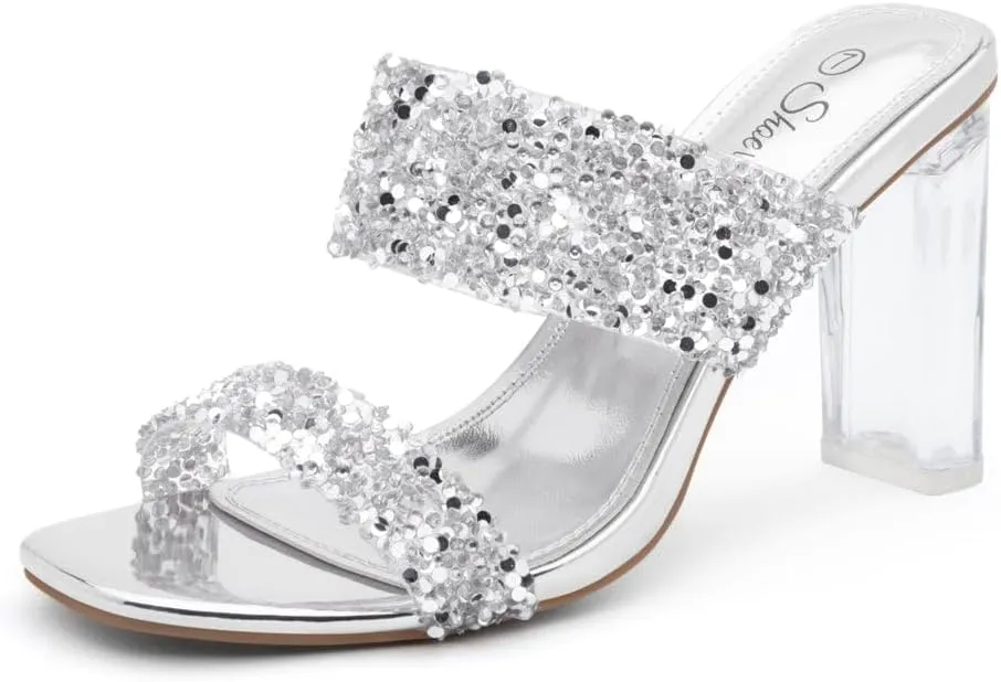 Shoe Land Brienna Women's Clear Heels Chunky Block Heeled Slides Open Toe Two Band Slip-On Mules – Dressy Heeled Sandals for Prom, Wedding, and Party