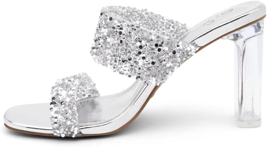Shoe Land Brienna Women's Clear Heels Chunky Block Heeled Slides Open Toe Two Band Slip-On Mules – Dressy Heeled Sandals for Prom, Wedding, and Party