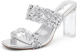 Shoe Land Brienna Women's Clear Heels Chunky Block Heeled Slides Open Toe Two Band Slip-On Mules – Dressy Heeled Sandals for Prom, Wedding, and Party
