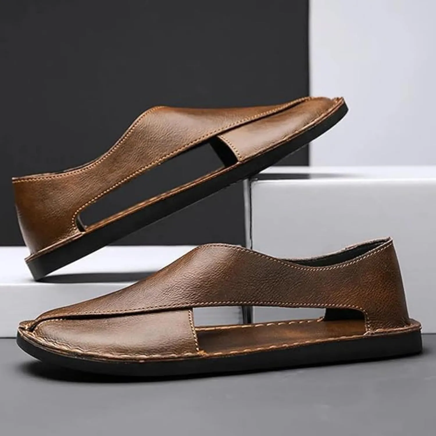 Soulario Leather Sandals for Men, Handcrafted Genuine Leather Dress Sandals with Anti-Slip Sole