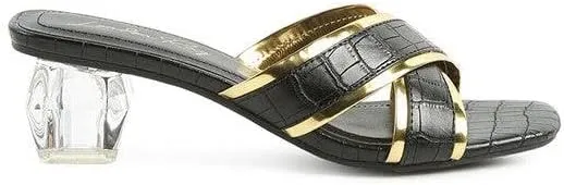Stellar Gold Line Croc Textured Low Heel Sandals
