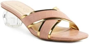 Stellar Gold Line Croc Textured Low Heel Sandals