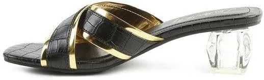 Stellar Gold Line Croc Textured Low Heel Sandals