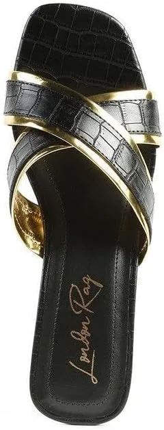 Stellar Gold Line Croc Textured Low Heel Sandals