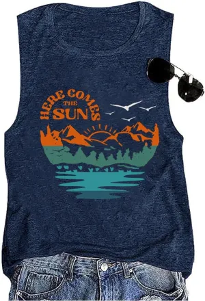 Summer Casual Funny Cute Tank Tops for Women Hiking Mountain Adventure Beach Vacation Letter Pint Graphic Tee Shirt