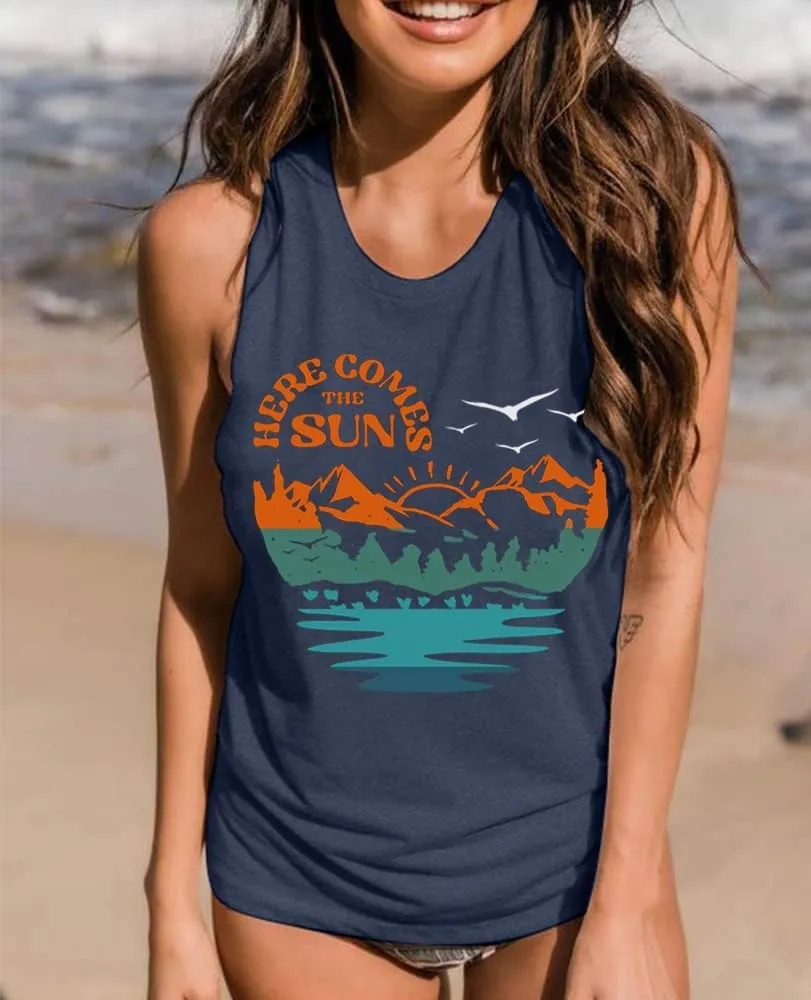 Summer Casual Funny Cute Tank Tops for Women Hiking Mountain Adventure Beach Vacation Letter Pint Graphic Tee Shirt