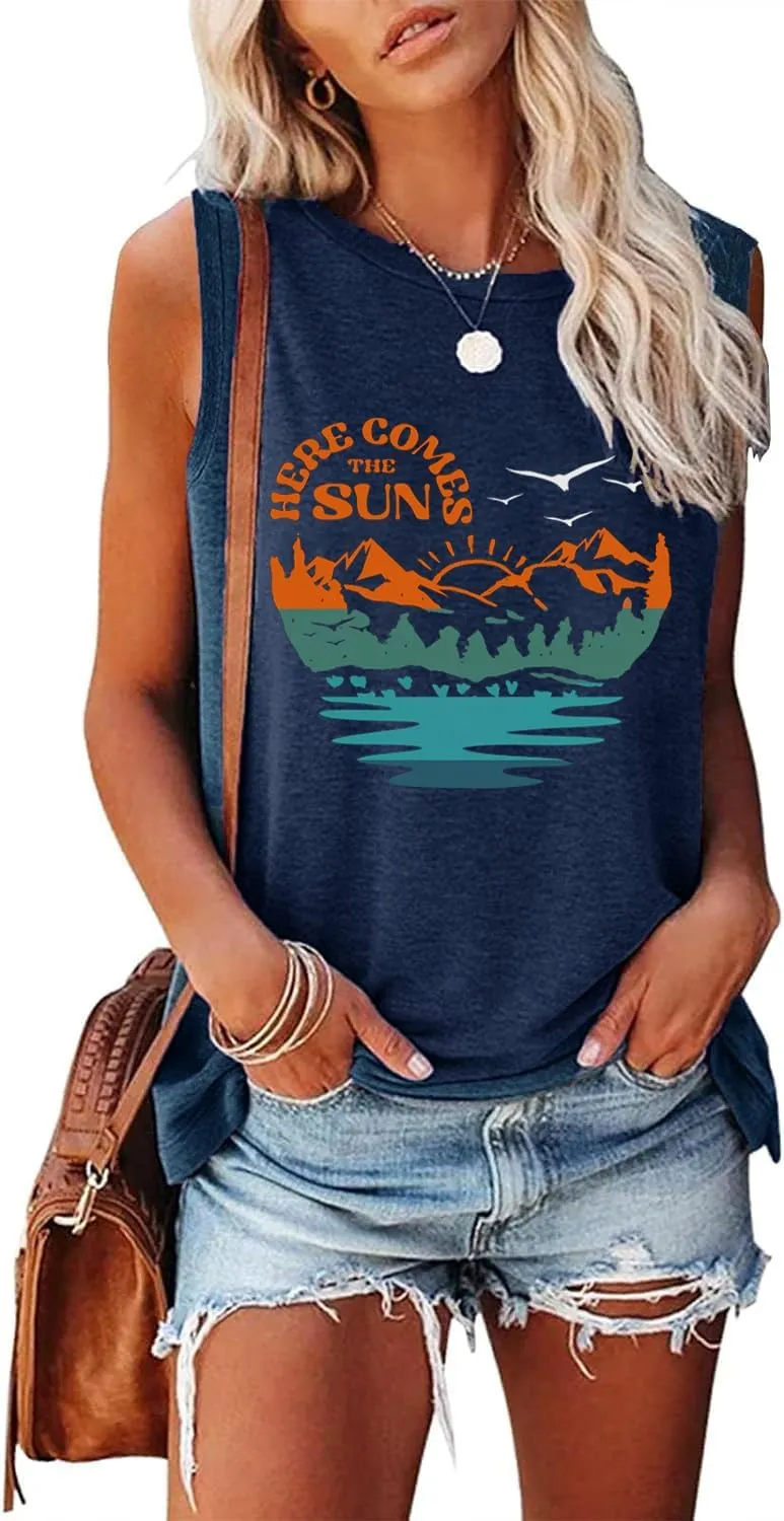 Summer Casual Funny Cute Tank Tops for Women Hiking Mountain Adventure Beach Vacation Letter Pint Graphic Tee Shirt