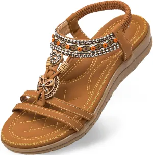 TETSUO Women Sandals Walking Flats Summer Beach Sandals Arch Support Casual Dressy Shoes for Women Elastic Ankle Strap Jeweled Bohemian Shoes