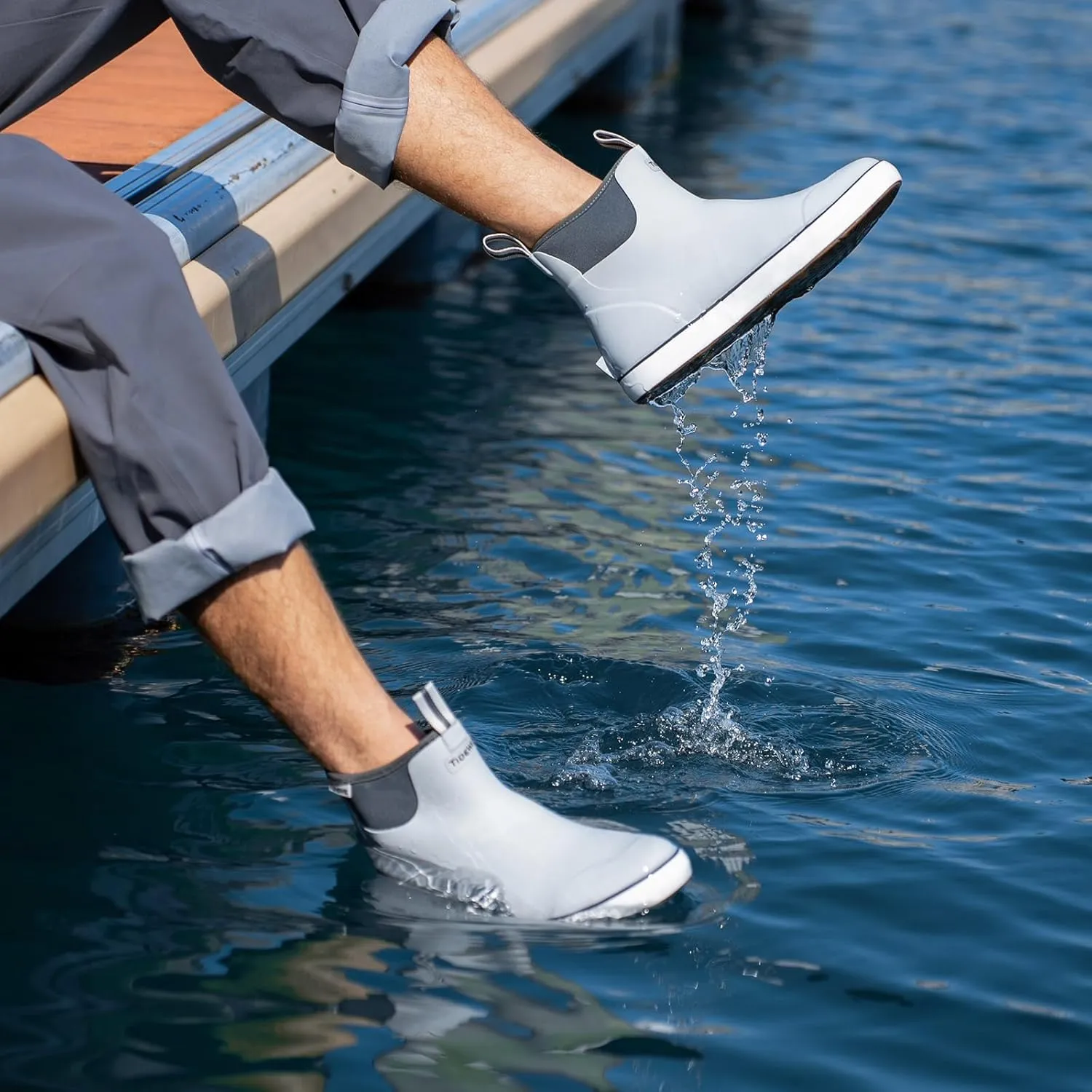 TIDEWE Deck Boots for Men, Waterproof Fishing Boots, Slip On Neoprene Rubber Ankle Rain Boots for Boating (Black Orange, Light Grey & Grey Brown, Size 7-14)