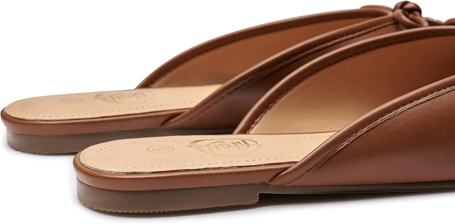 Trary Mules for Women 2025, Womens Mules Slip on Comfortable Bow Pointed Toe Womens Loafers, Backless Flats Mules Shoes for Women with Knot
