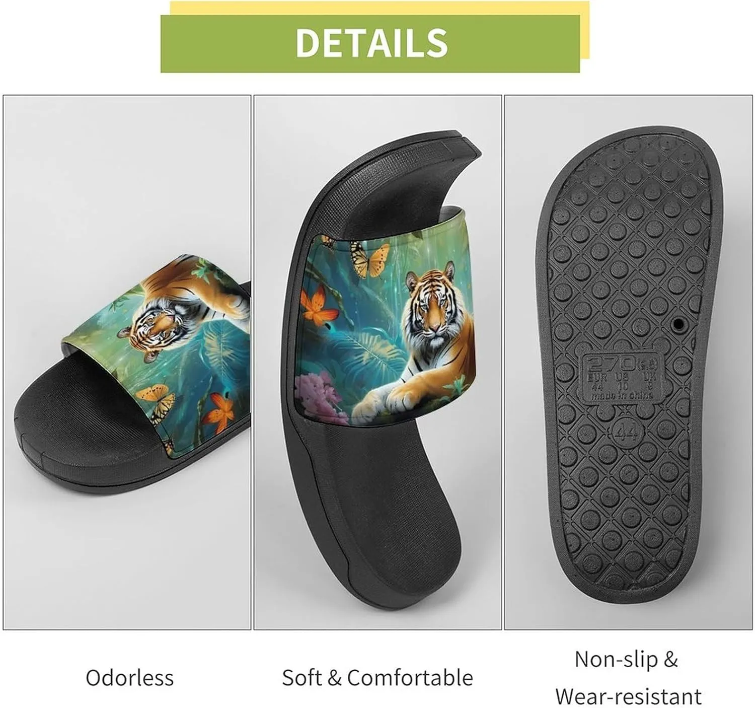 Tropical Rainforest Animal Tiger Non Slip Slides Sandals for Women Men Quick Drying Shower Shoes for Bathroom Pool Beach