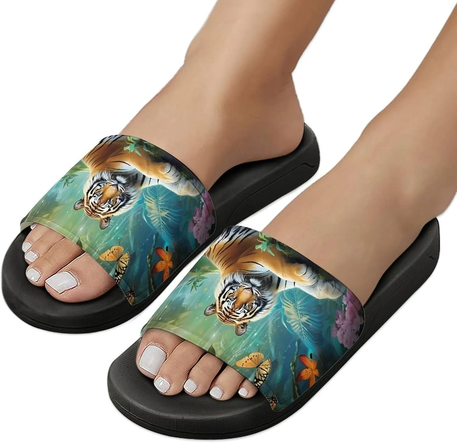 Tropical Rainforest Animal Tiger Non Slip Slides Sandals for Women Men Quick Drying Shower Shoes for Bathroom Pool Beach