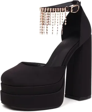 VARECOLA Women Fringe Silk Satin Platform Pumps Ankle Strap Chunky High Heels Dress Shoes
