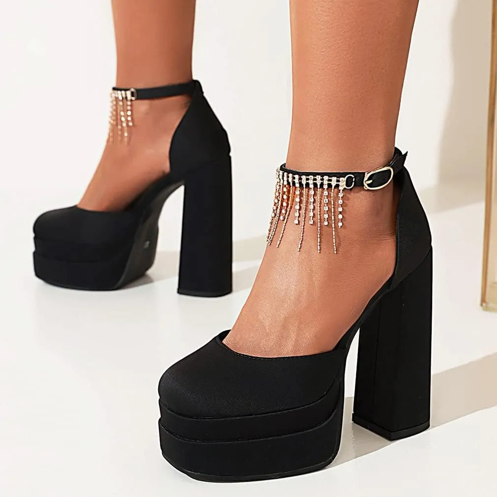 VARECOLA Women Fringe Silk Satin Platform Pumps Ankle Strap Chunky High Heels Dress Shoes