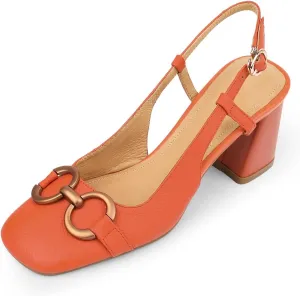 Vertundy Women's Slingback Closed Square Toe Chunky High Heels Sandals Adjustable Ankle Buckle Strap Dress Summer Pumps Ladies Block Heel Orange