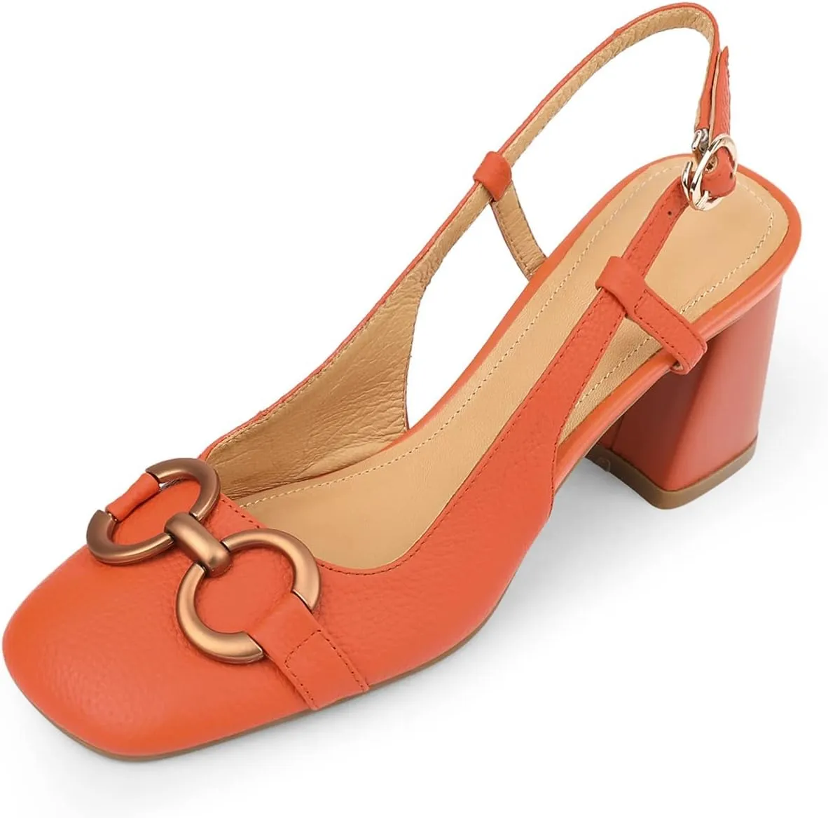 Vertundy Women's Slingback Closed Square Toe Chunky High Heels Sandals Adjustable Ankle Buckle Strap Dress Summer Pumps Ladies Block Heel Orange