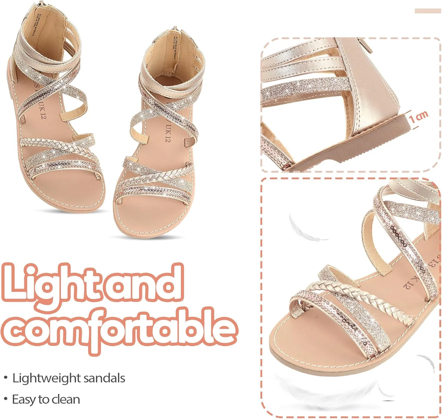 Vonair Girls Gladiator Sandals Cute Strappy Sandals with Zipper Summer Shoes for Little/Big Kids