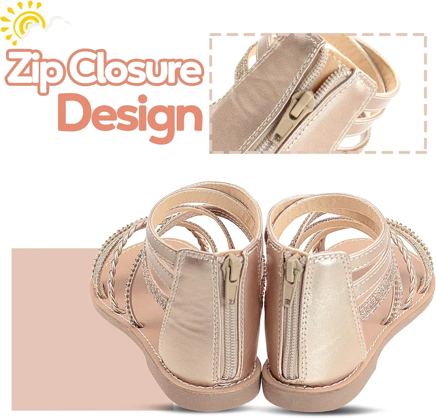 Vonair Girls Gladiator Sandals Cute Strappy Sandals with Zipper Summer Shoes for Little/Big Kids