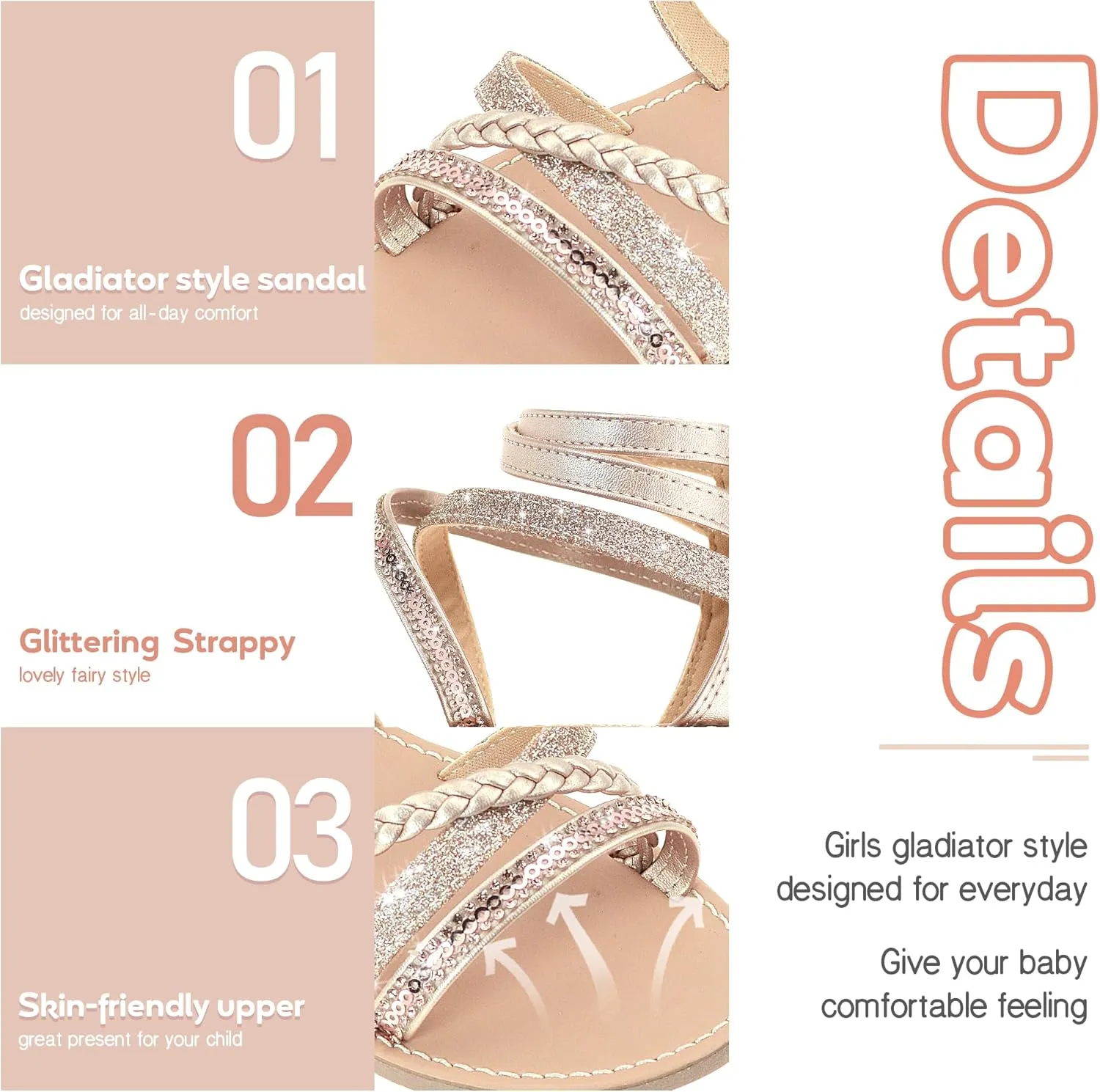 Vonair Girls Gladiator Sandals Cute Strappy Sandals with Zipper Summer Shoes for Little/Big Kids