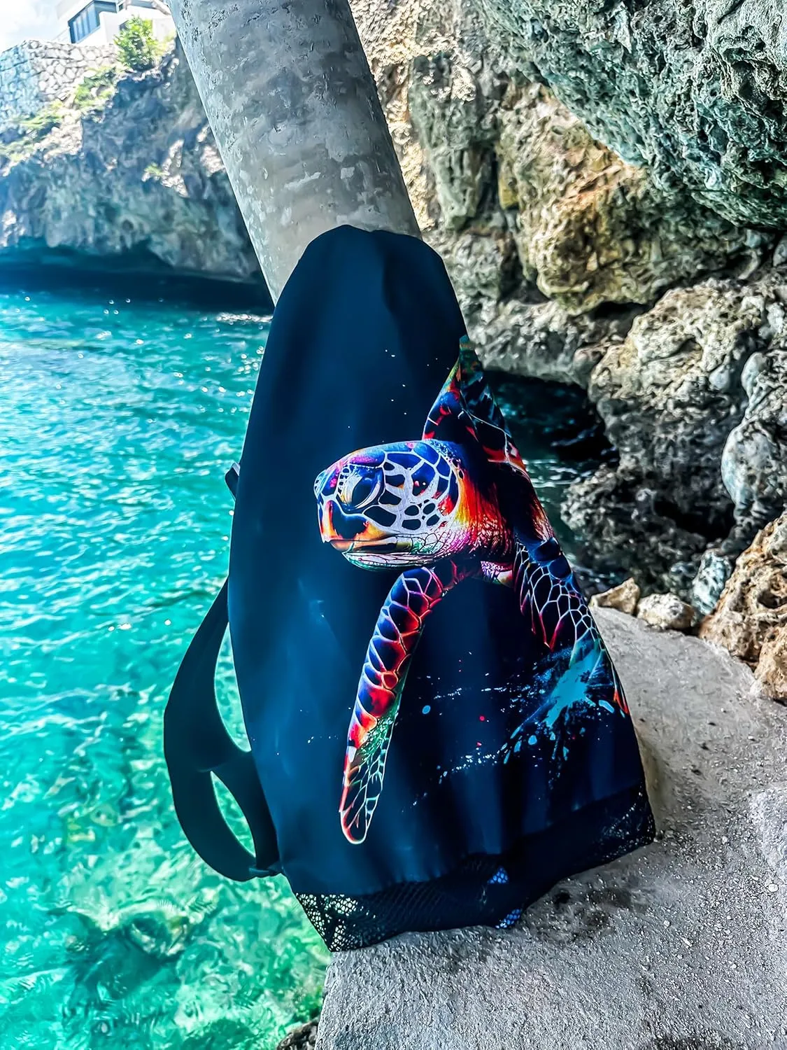 Walker Beach Mesh Net Travel Boat Bag for Snorkeling, Dive, and Swim Gear – USA Made (ColorBurst Turtle)