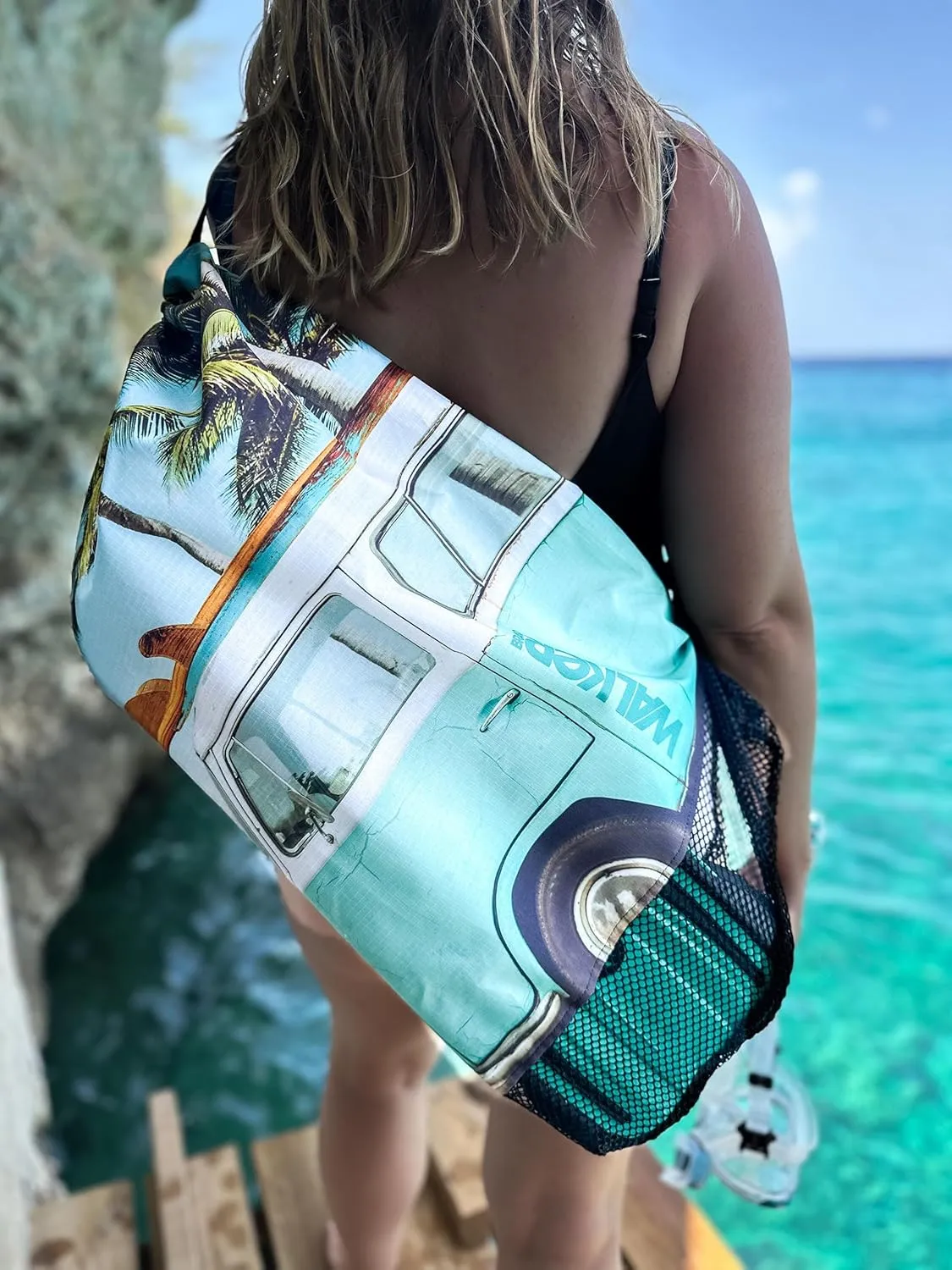 Walker Beach Mesh Net Travel Boat Bag for Snorkeling, Dive, and Swim Gear – USA Made (ColorBurst Turtle)