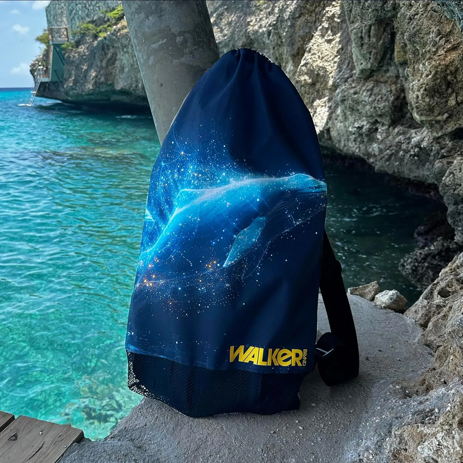 Walker Beach Mesh Net Travel Boat Bag for Snorkeling, Dive, and Swim Gear – USA Made (Galactic Whale)
