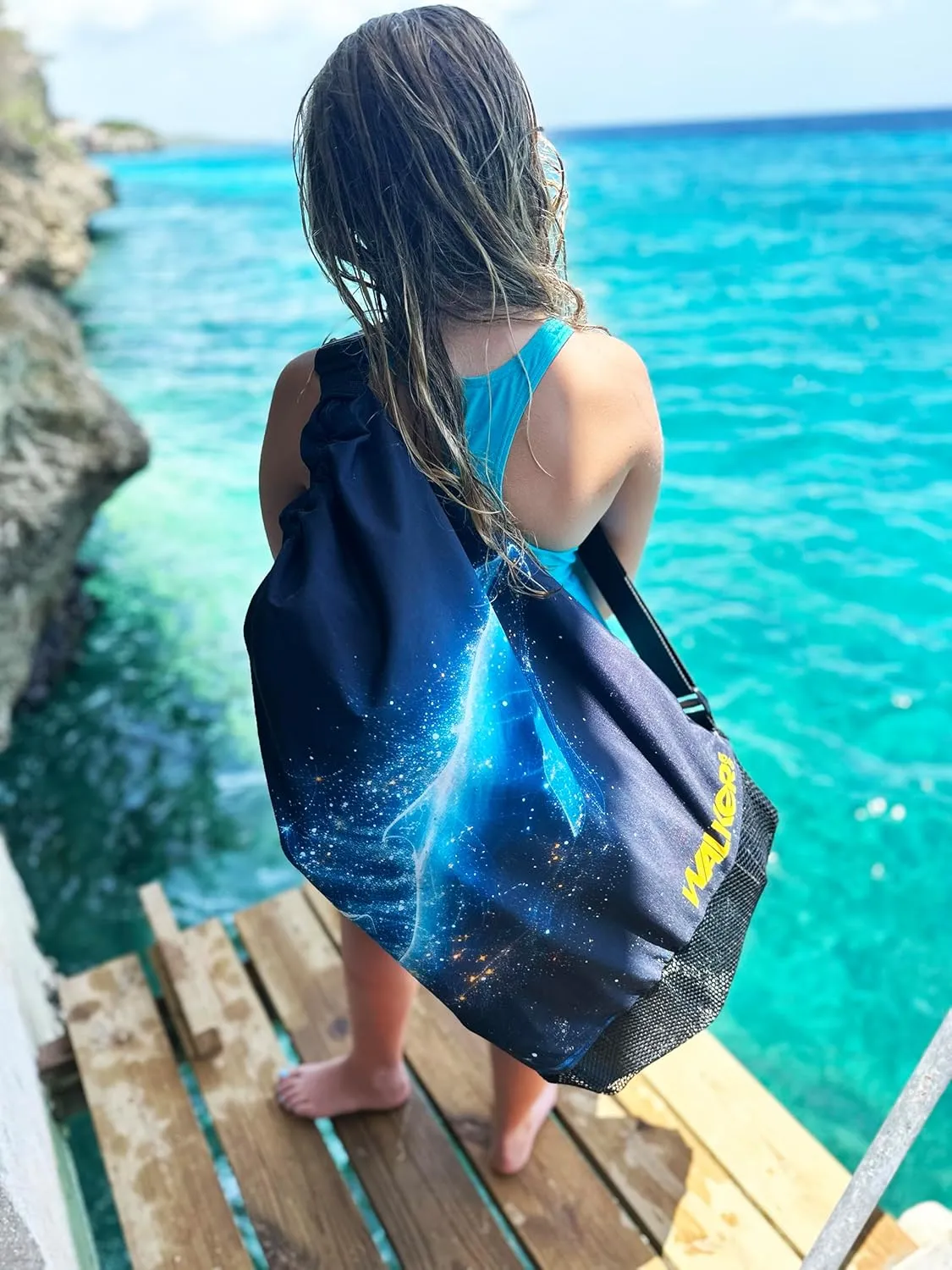 Walker Beach Mesh Net Travel Boat Bag for Snorkeling, Dive, and Swim Gear – USA Made (Galactic Whale)