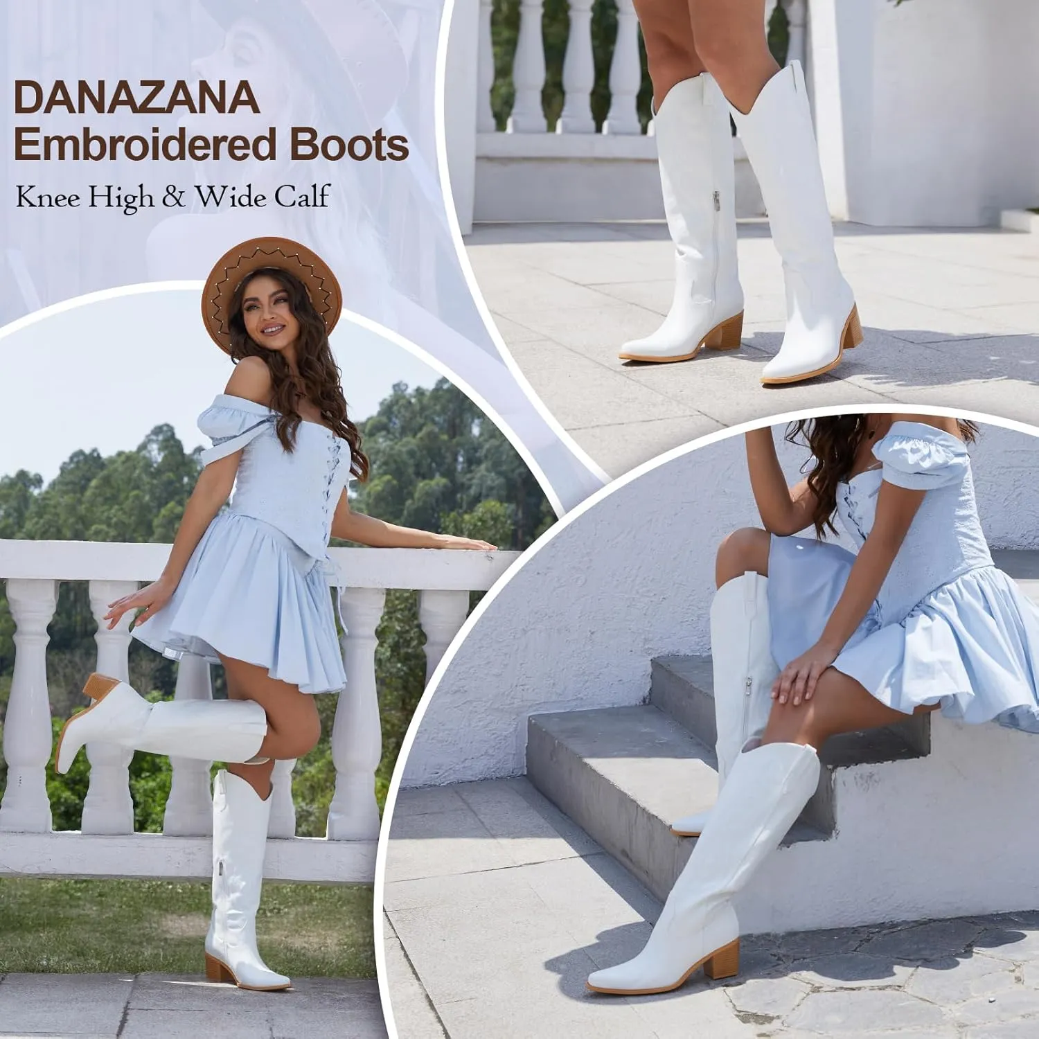 Wide Calf Cowgirl Boots For Women Knee High Cowboy Boots Pointed Toe Chunky Heel Boot Ladies Western Boots With Classic Embroidery and Side Zipper Classic Retro Country Boots For Lady Size 6-11