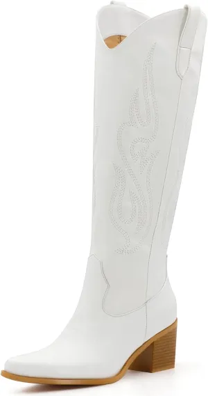 Wide Calf Cowgirl Boots For Women Knee High Cowboy Boots Pointed Toe Chunky Heel Boot Ladies Western Boots With Classic Embroidery and Side Zipper Classic Retro Country Boots For Lady Size 6-11