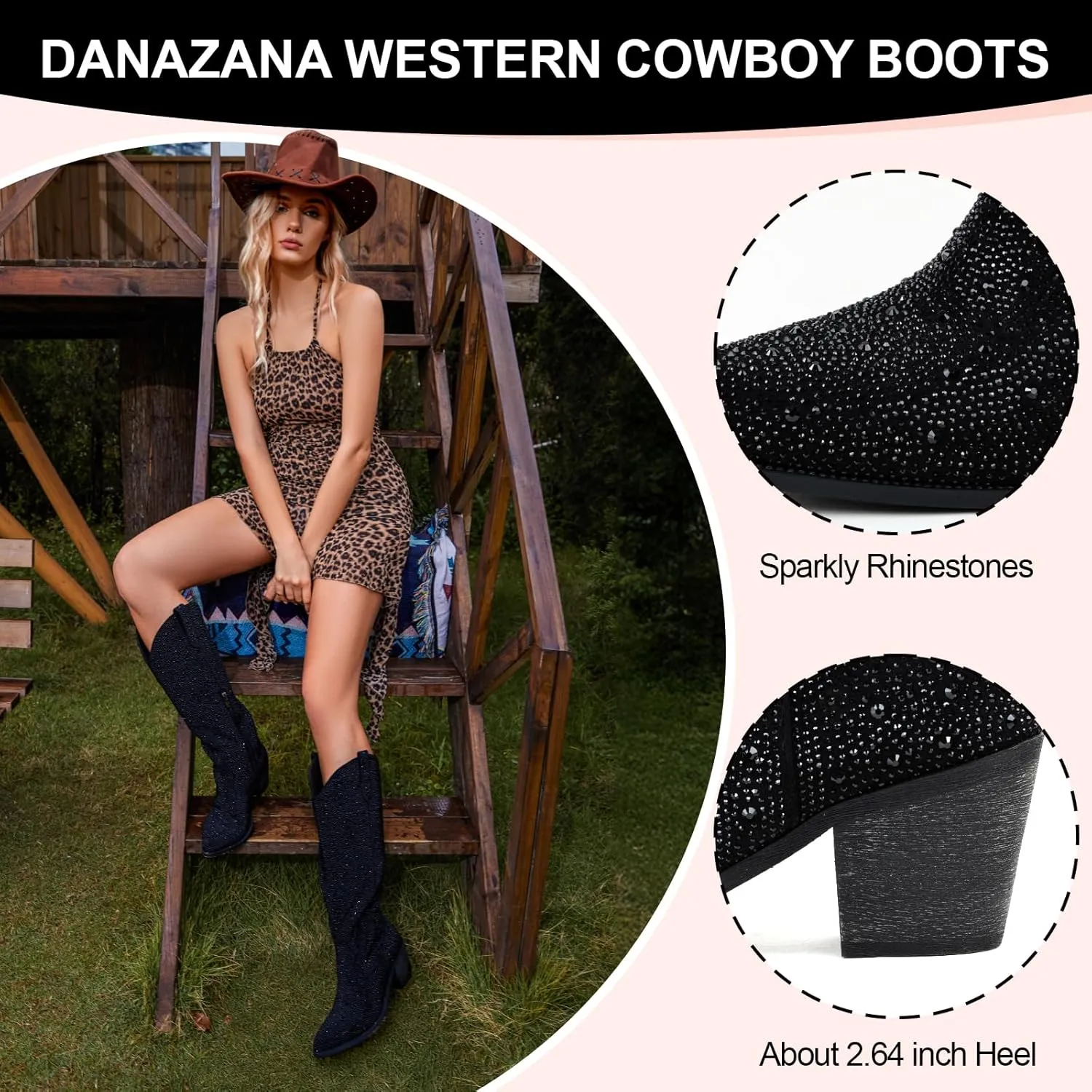 Wide Calf Cowgirl Boots For Women Knee High Cowboy Boots Pointed Toe Chunky Heel Boot Ladies Western Boots With Classic Embroidery and Side Zipper Classic Retro Country Boots For Lady Size 6-11