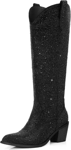 Wide Calf Cowgirl Boots For Women Knee High Cowboy Boots Pointed Toe Chunky Heel Boot Ladies Western Boots With Classic Embroidery and Side Zipper Classic Retro Country Boots For Lady Size 6-11
