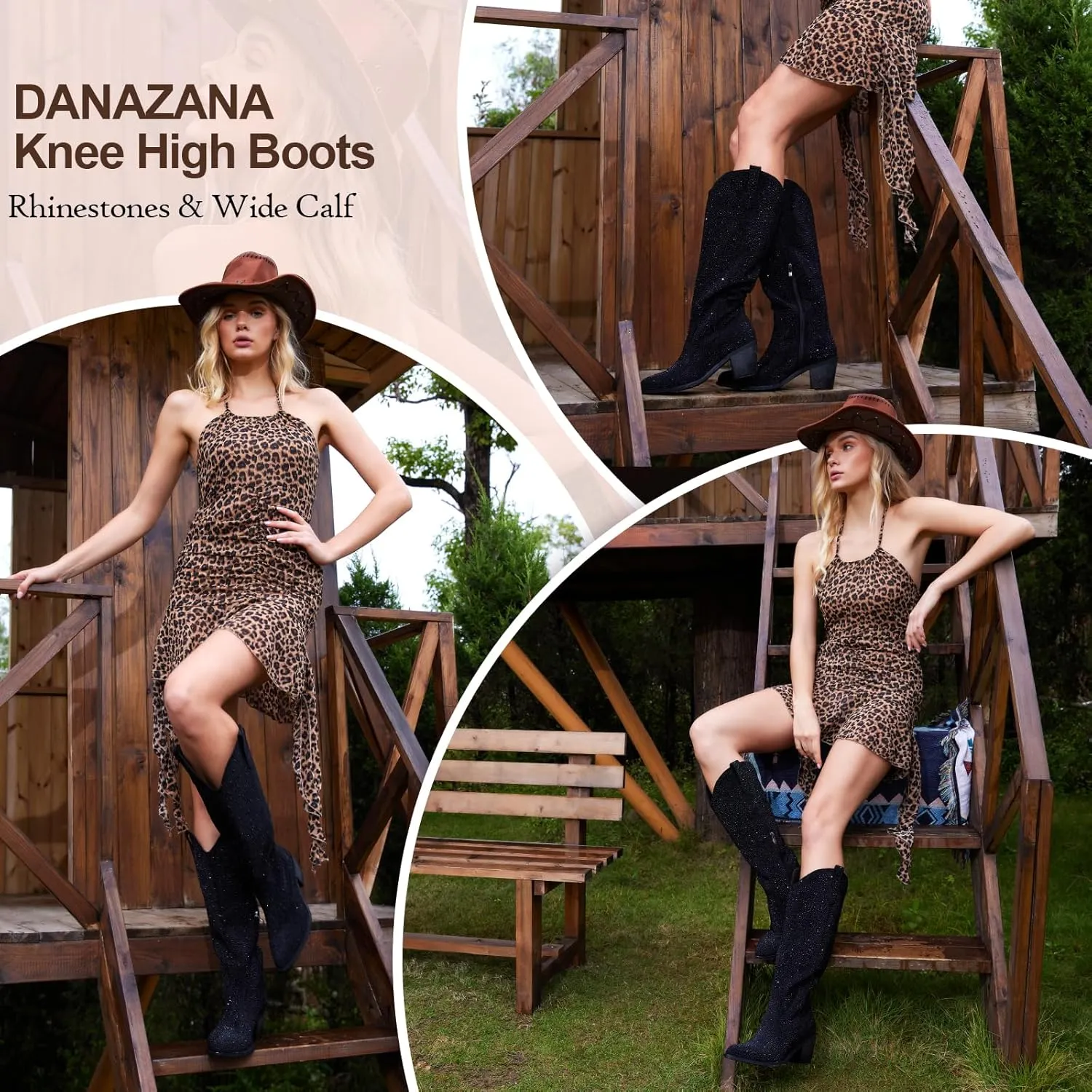 Wide Calf Cowgirl Boots For Women Knee High Cowboy Boots Pointed Toe Chunky Heel Boot Ladies Western Boots With Classic Embroidery and Side Zipper Classic Retro Country Boots For Lady Size 6-11