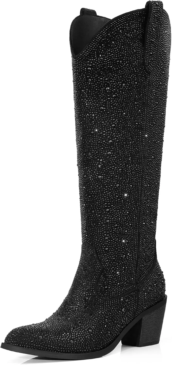 Wide Calf Cowgirl Boots For Women Knee High Cowboy Boots Pointed Toe Chunky Heel Boot Ladies Western Boots With Classic Embroidery and Side Zipper Classic Retro Country Boots For Lady Size 6-11