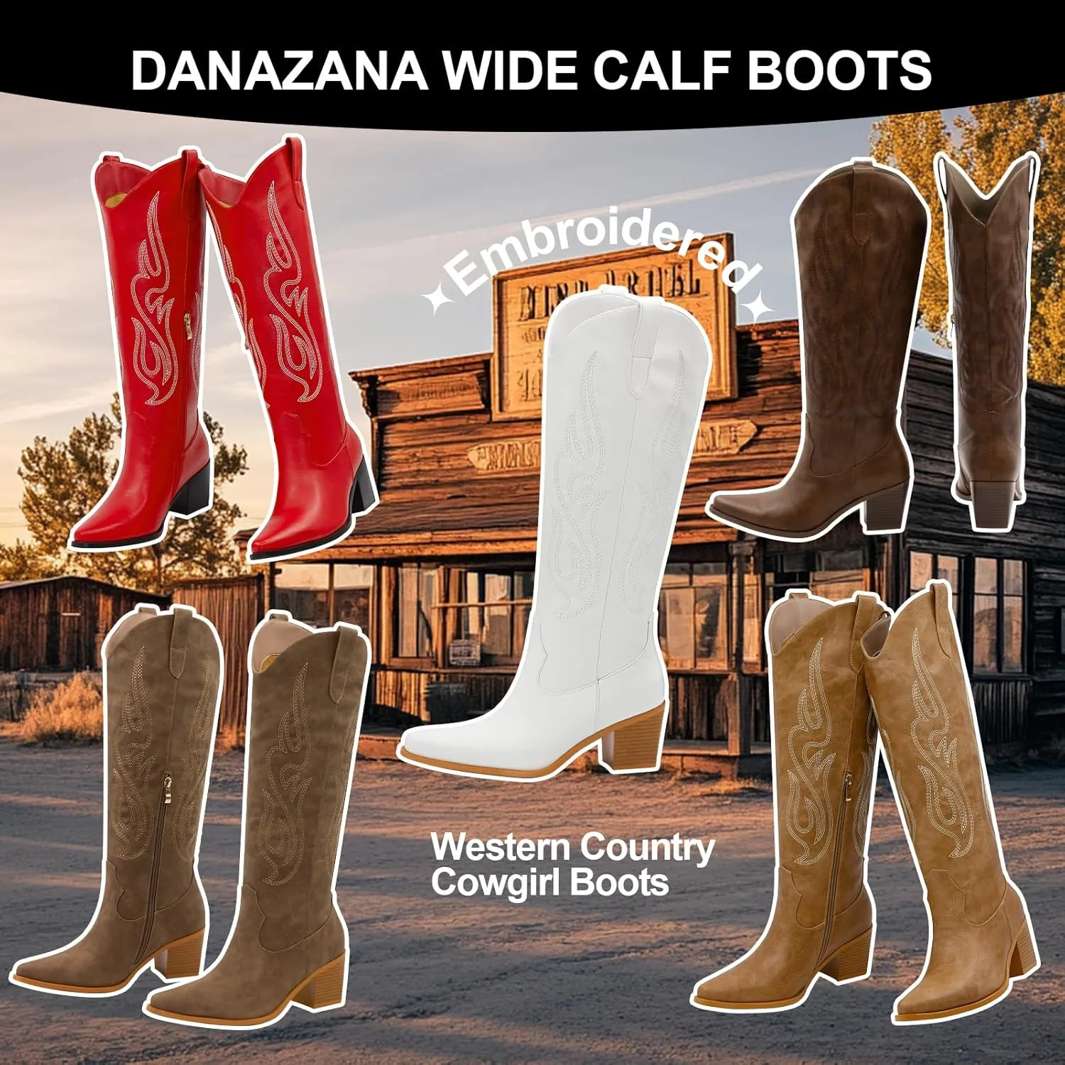 Wide Calf Cowgirl Boots For Women Knee High Cowboy Boots Pointed Toe Chunky Heel Boot Ladies Western Boots With Classic Embroidery and Side Zipper Classic Retro Country Boots For Lady Size 6-11