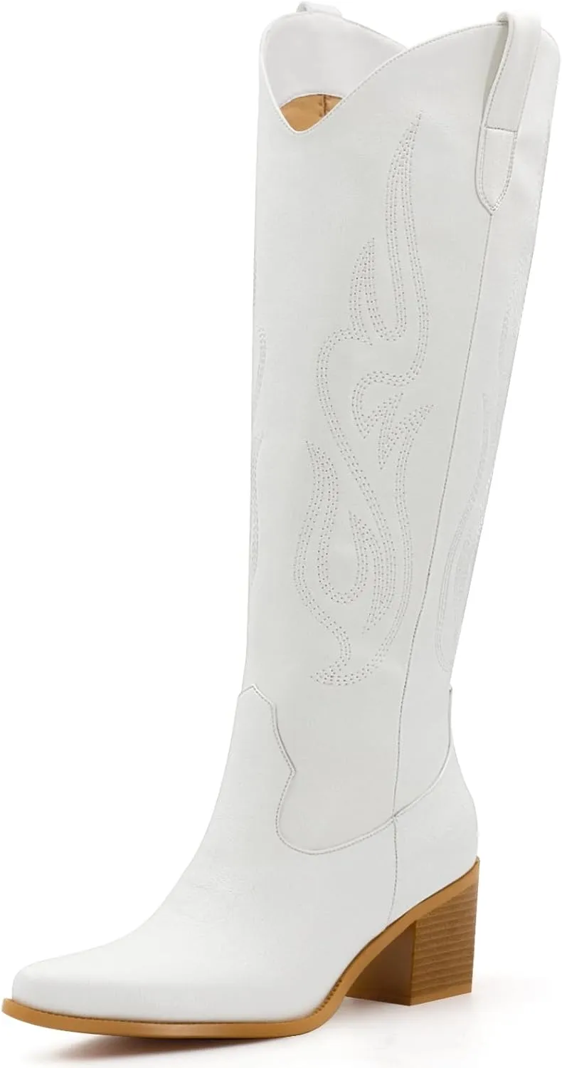 Wide Calf Cowgirl Boots For Women Knee High Cowboy Boots Pointed Toe Chunky Heel Boot Ladies Western Boots With Classic Embroidery and Side Zipper Classic Retro Country Boots For Lady Size 6-11