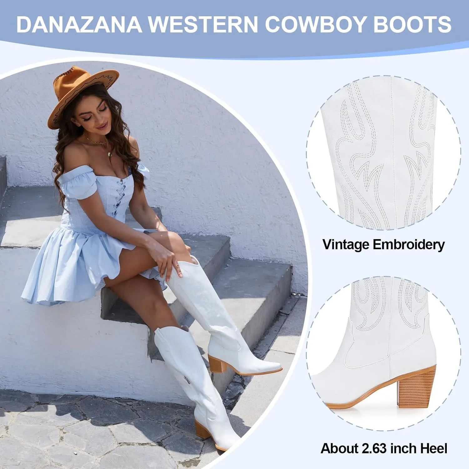 Wide Calf Cowgirl Boots For Women Knee High Cowboy Boots Pointed Toe Chunky Heel Boot Ladies Western Boots With Classic Embroidery and Side Zipper Classic Retro Country Boots For Lady Size 6-11