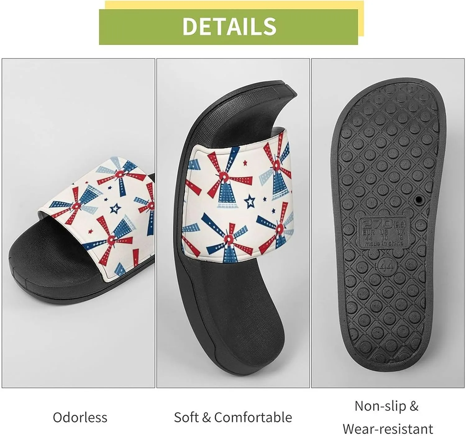 Windmill Patriotic Celebrate America Independence Non Slip Slides Sandals for Women Men Quick Drying Shower Shoes for Bathroom Pool Beach
