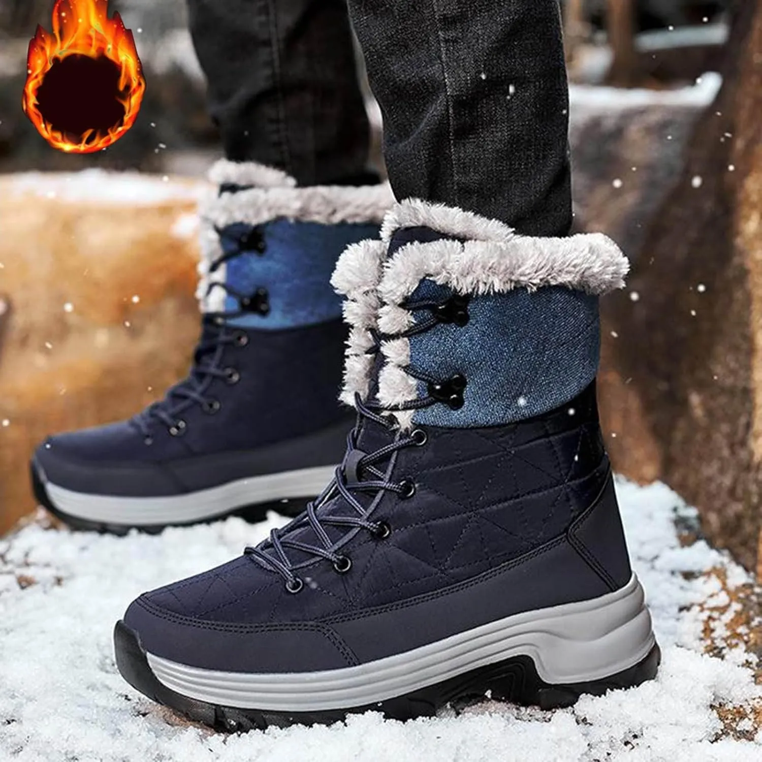 Winter Boots for Teen Boys, Waterproof Hiking Boots Platform Insulated Boots Trekking Trail Climbing Shoes Snow Boots