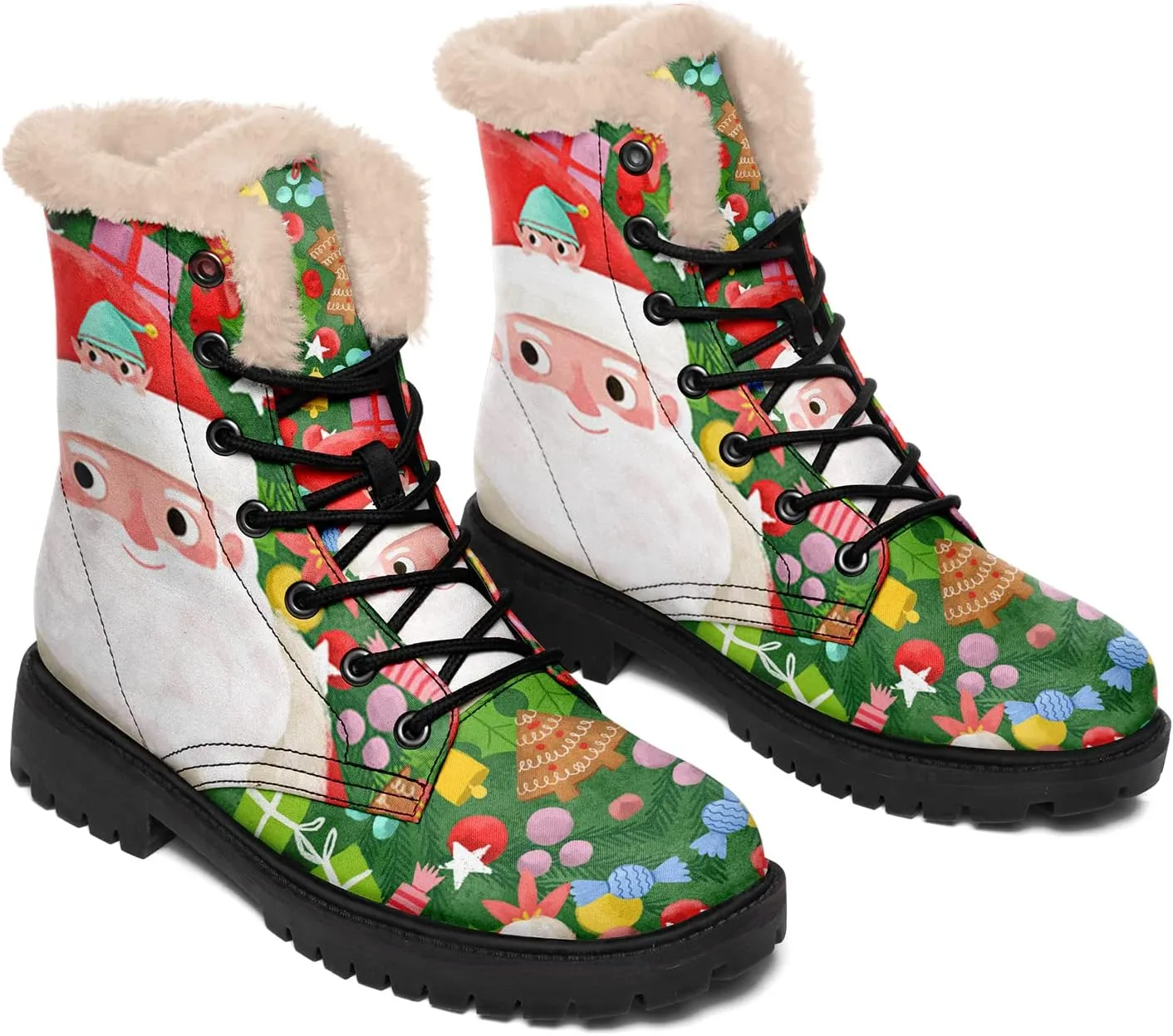 Winter Boots for Women, Custom Christmas Boots Santa Claus Print Ladies Fur Lined Lace up Ankle Boots Comfortable Warm Winter Snow Shoes Outdoor Christmas Gift