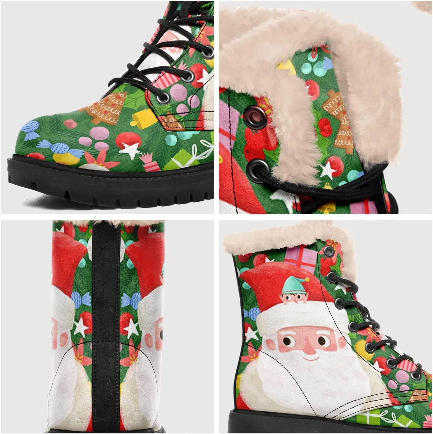 Winter Boots for Women, Custom Christmas Boots Santa Claus Print Ladies Fur Lined Lace up Ankle Boots Comfortable Warm Winter Snow Shoes Outdoor Christmas Gift