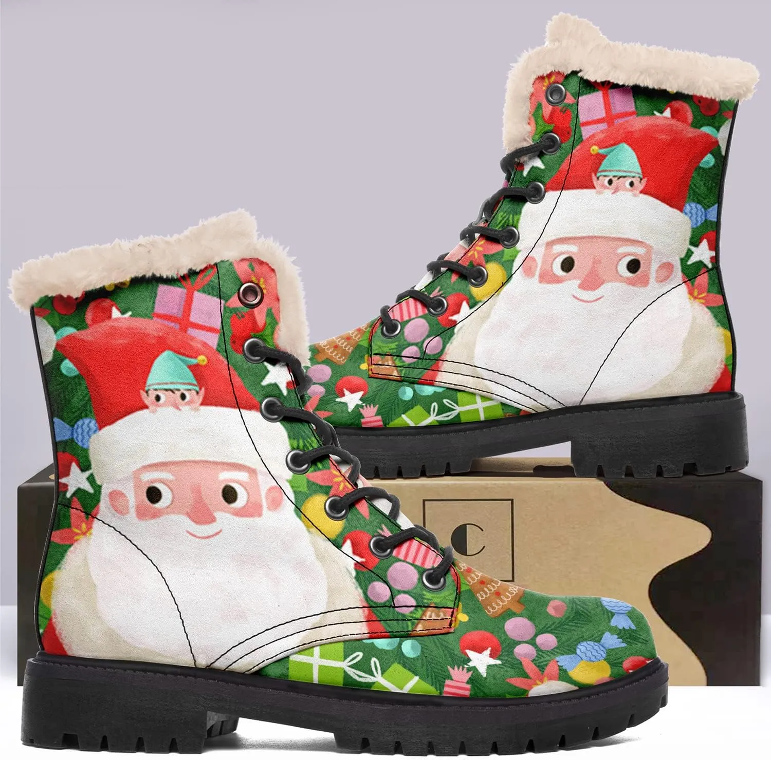 Winter Boots for Women, Custom Christmas Boots Santa Claus Print Ladies Fur Lined Lace up Ankle Boots Comfortable Warm Winter Snow Shoes Outdoor Christmas Gift