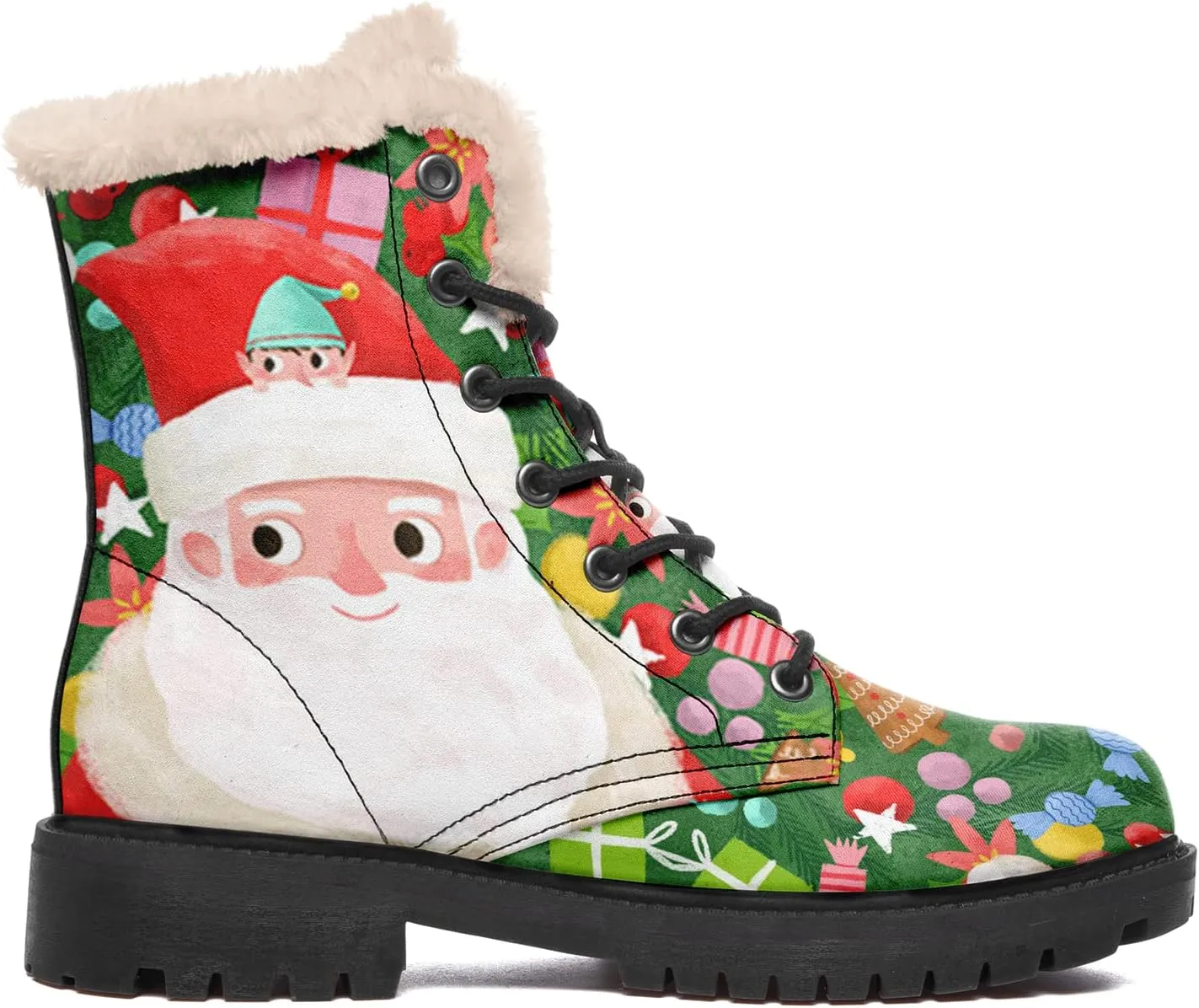 Winter Boots for Women, Custom Christmas Boots Santa Claus Print Ladies Fur Lined Lace up Ankle Boots Comfortable Warm Winter Snow Shoes Outdoor Christmas Gift