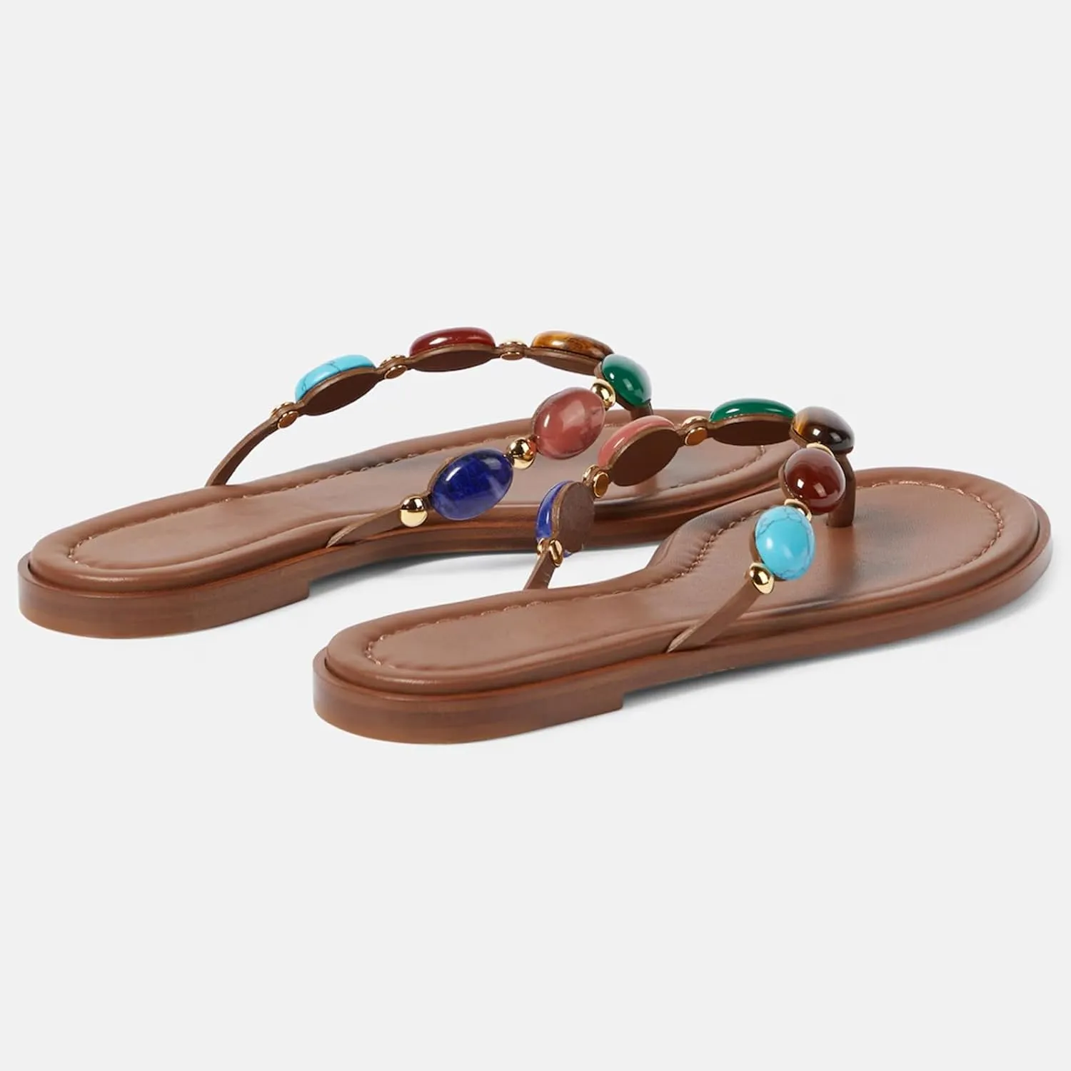 Women Jewelled Thong Strap Open Round Toe Flip Flops Comfy Slip on Flats Sandals Casual Summer Beach Slippers