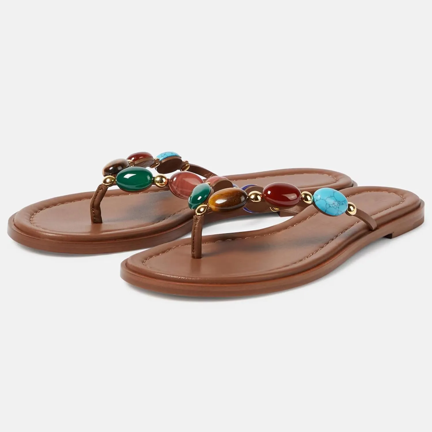 Women Jewelled Thong Strap Open Round Toe Flip Flops Comfy Slip on Flats Sandals Casual Summer Beach Slippers